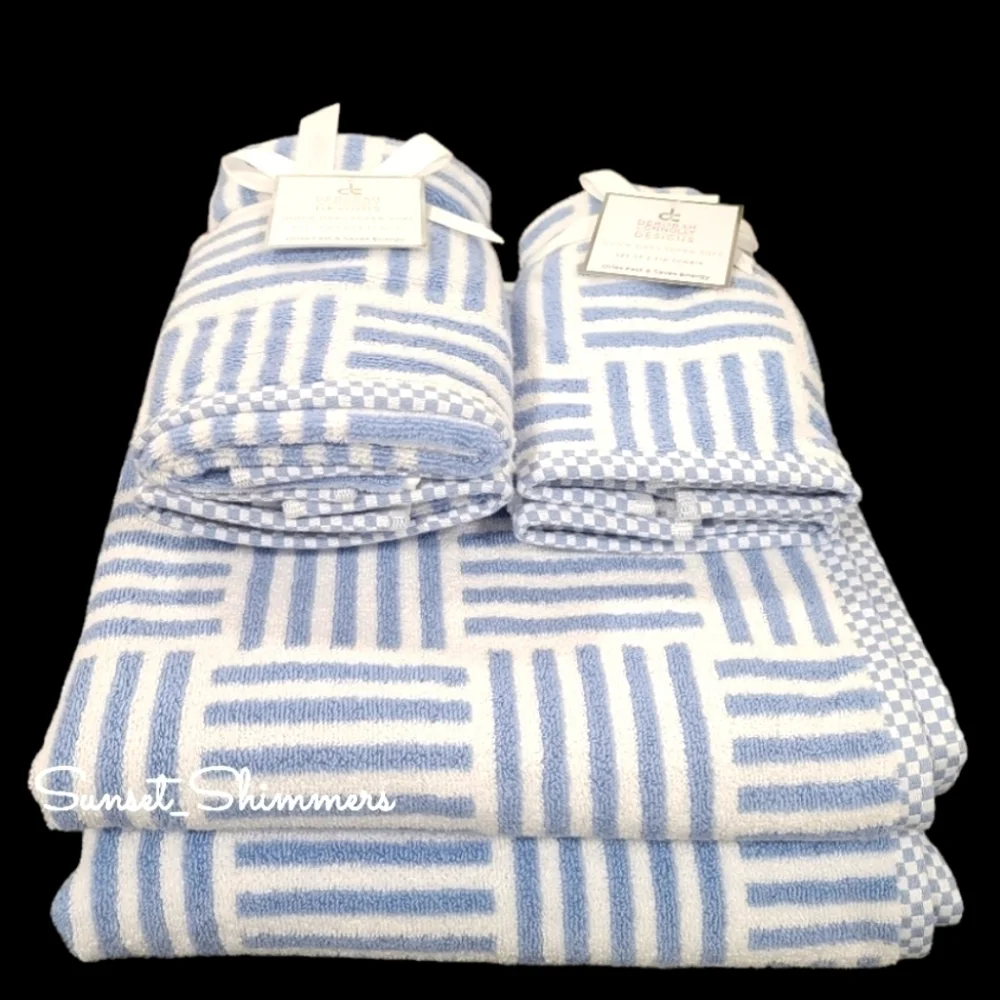 6pc Blue & White Nautical Stripe BATH Hand Tip Towel Set Deborah Connolly New